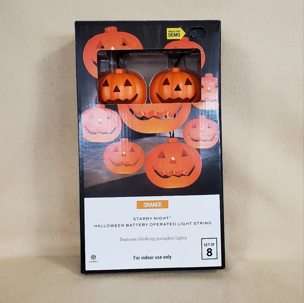 String of 8 halloween battery operated led orange blinking pumpkin lights